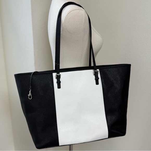 Michael Kors Black and White Jet Set Travel Large Saffiano Leather Open Tote Bag - Picture 6 of 9